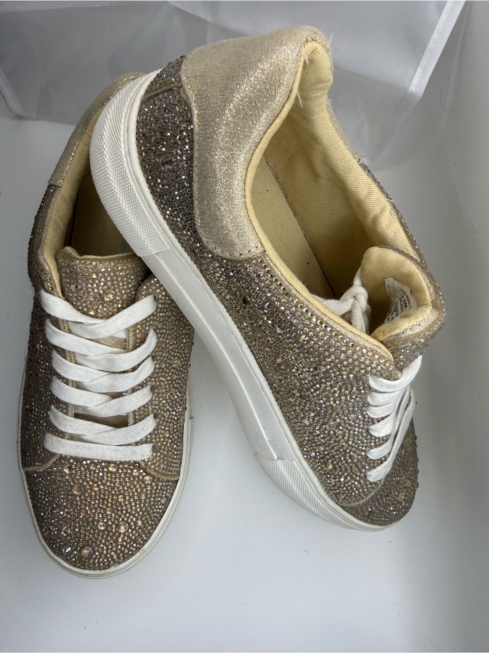 Betsey Johnson SB-BRET Lace Up Low Top Sneakers Gold/White Rhinestone Glitter